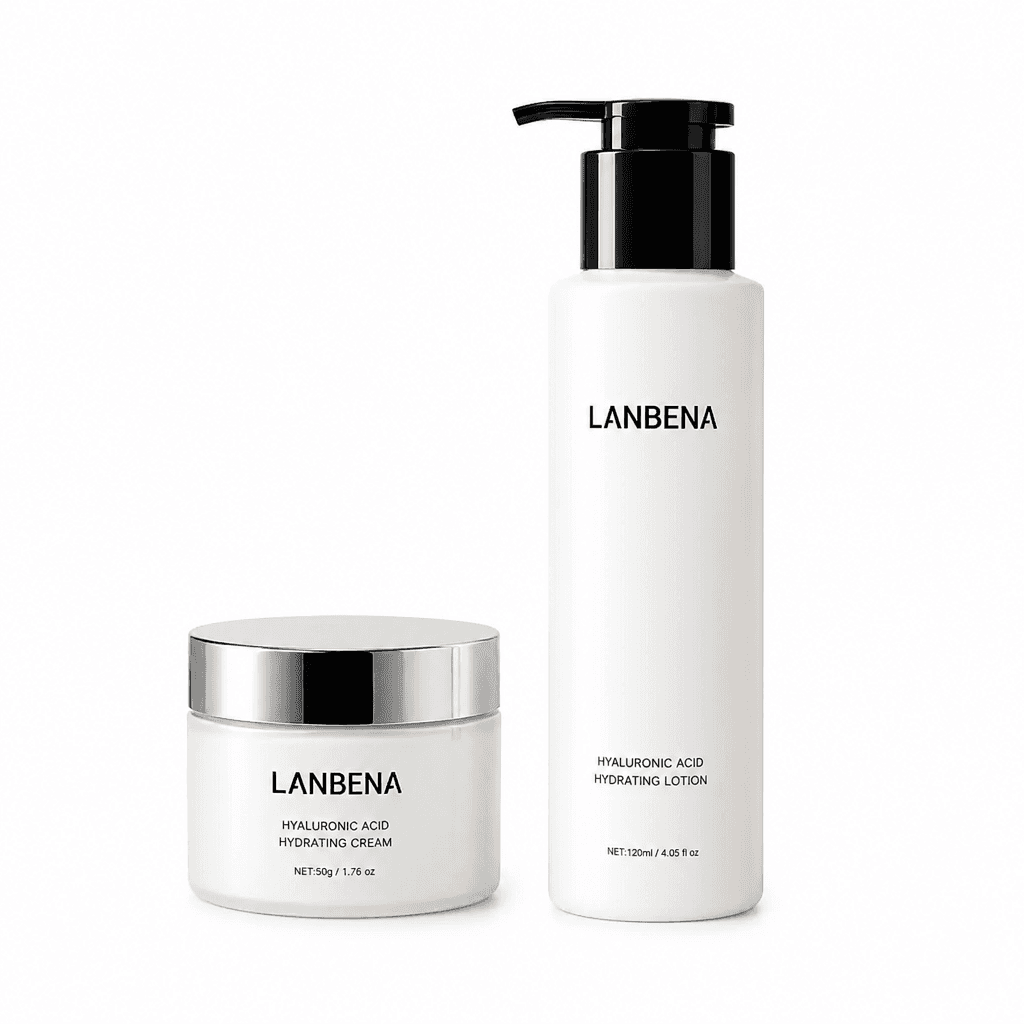 白色背景中的 LANBENA 保湿乳液瓶与面霜罐