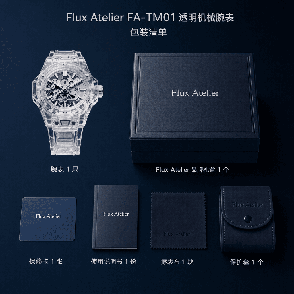 Flux Atelier 透明机械腕表的正面、侧面与表带多角度展示