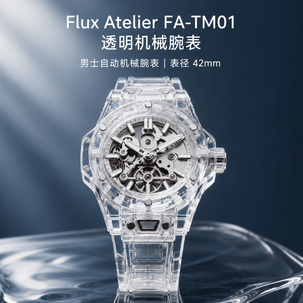 深色质感背景中的 Flux Atelier 透明机械腕表商品主图