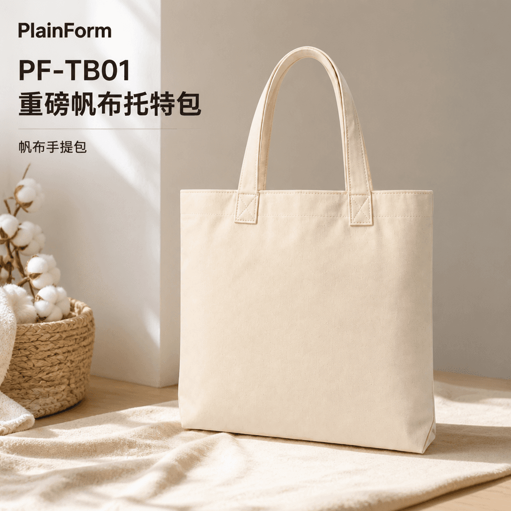 浅色背景中的 PlainForm 米白帆布托特包竖版商品主图