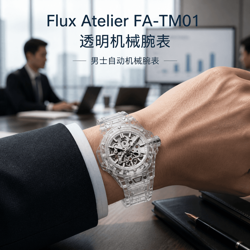 男士在通勤场景中佩戴 Flux Atelier 透明机械腕表
