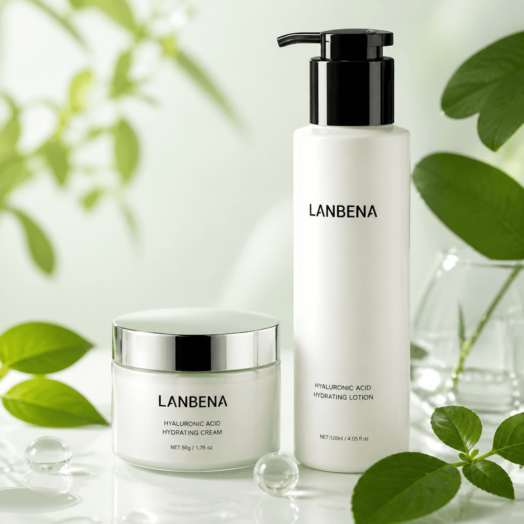 活动色背景中的 LANBENA 保湿乳液与面霜组合主图