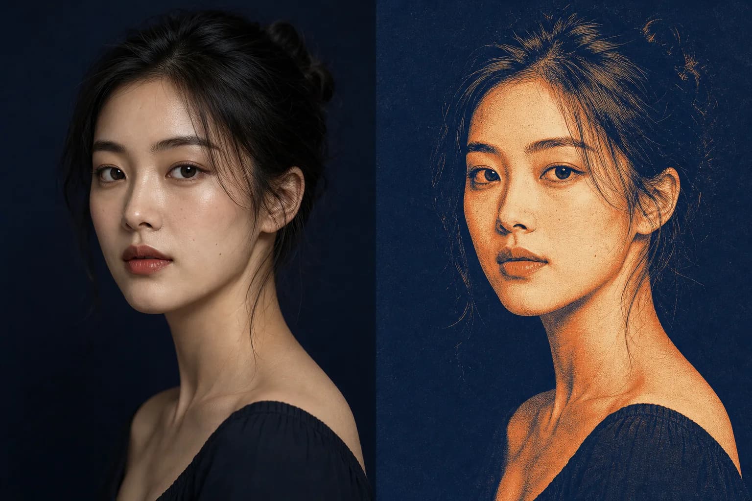 同一名女性保持脸、姿势和裁切不变的对照图:左侧为自然摄影,右侧仅把配色、纹理和媒介转译为藏蓝与暖橙丝网印刷