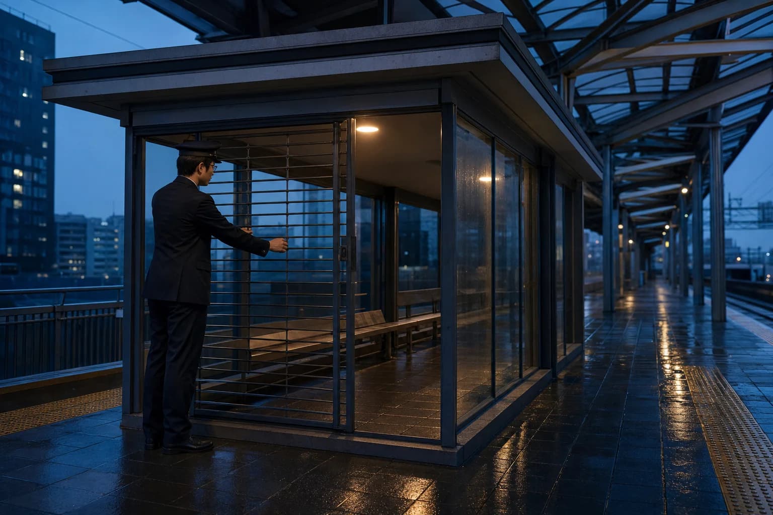 蓝调时刻的城市高架站台,一名工作人员正在关闭雨后玻璃候车亭的金属卷门