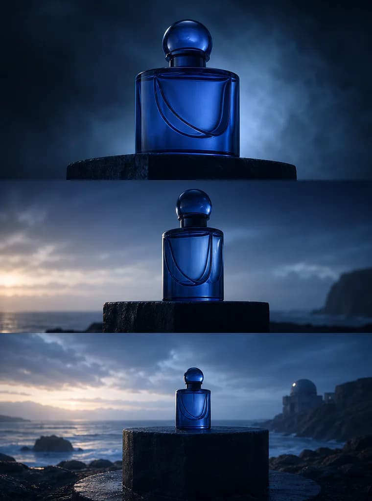 Three campaign views of the same cobalt-blue glass perfume bottle: hero close-up, side profile and coastal environmental image