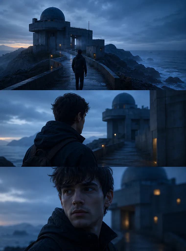 The same courier and coastal observatory shown as an environmental wide shot, over-the-shoulder medium shot and character close-up