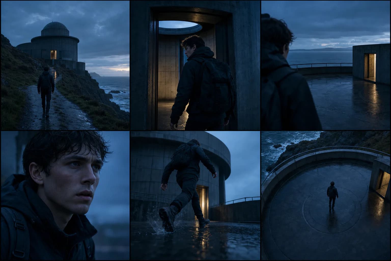 Six connected frames of one courier at a coastal observatory: wide arrival, entrance, over-the-shoulder view, emotional close-up, low-angle action and overhead resolution