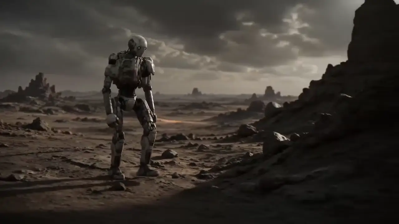 Multi-shot story of a lone robot discovering a luminous plant on a barren alien world