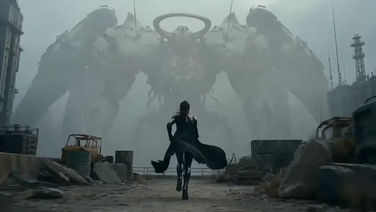 Cybernetic warrior crossing a cool-gray battlefield toward a giant mech