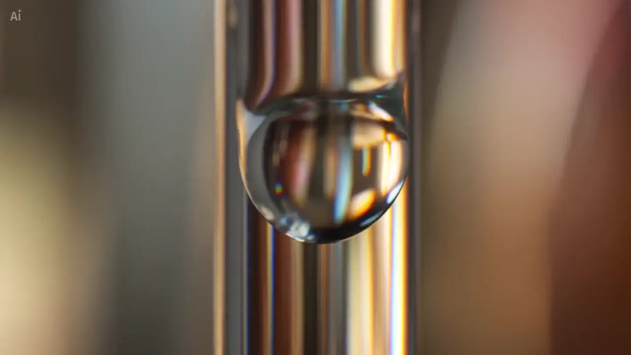 Macro shot of a water droplet sliding across glass and refracting warm light
